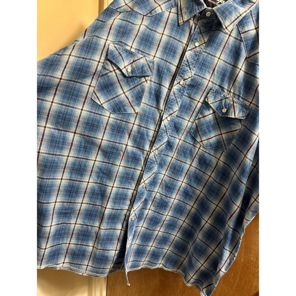 Wrangler Western Plaid Pearl Snap Shirt Men's 3XL Bright Blue Short Sleeve - Picture 5 of 8